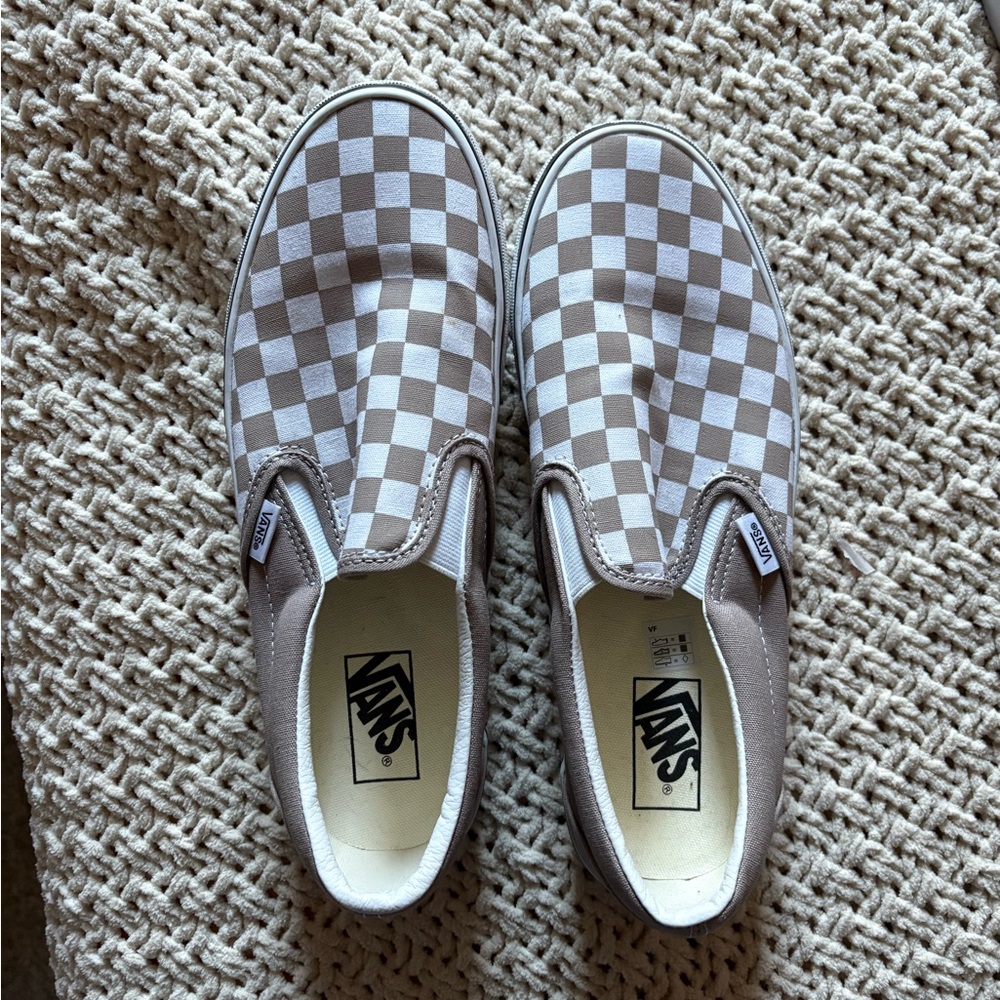 Vans Beige and White Checkered Slip-Ons